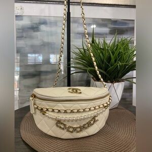 Ivory Quilted Crossbody Bag with Pearl & Gold Accents